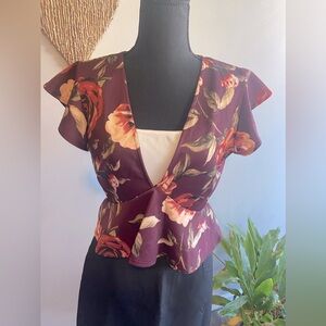 NWOT Seduction Floral Deep V-Neck Blouse Top L Red Orange Peplum Frill Sleeves